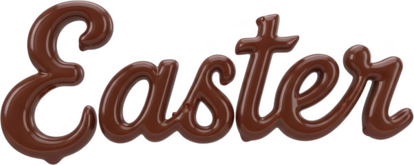 The word Easter rendered in thick glossy flowing dark brown chocolate script lettering with a three dimensional appearance holiday sweet delicious food celebration transparent background
