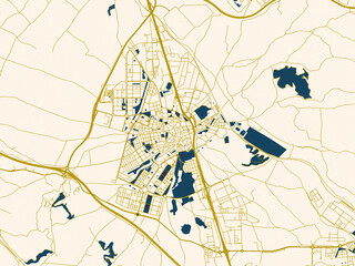 Modern graphic street map of Valdemoro, Spain, with warm gold street grid over a cream background with bold deep-red water areas