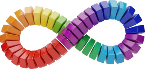 Colorful polished blocks arranged in a continuous glossy infinity loop symbol forming a bright spectrum design infinity symbol rainbow autism awareness continuous loop transparent background