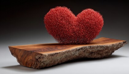 Sculptural representation of deep affection rests upon a slab of natural wood