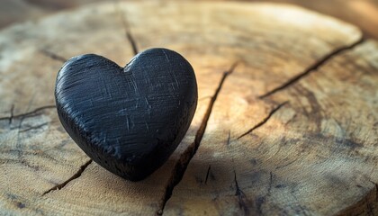 Solid dark heart shape rests upon the cracked surface of a cut wooden log
