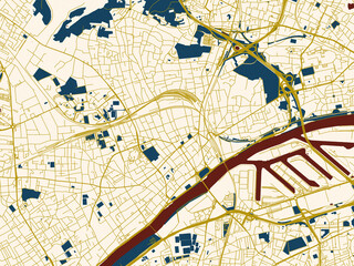 Modern graphic street map of Argenteuil, France, with cream-toned city field with gold linework streets and deep red waterways for strong contrast