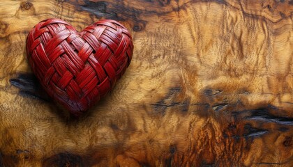 Woven crimson heart rests upon richly figured warm wooden surface