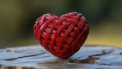 Woven decorative heart shape rests upon weathered wooden surface outdoors