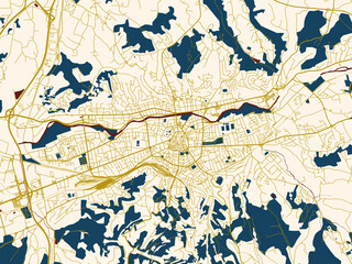 Fototapeta premium Modern graphic street map of Brive-la-Gaillarde, France, with cream-toned city field with gold linework streets and deep red waterways for strong contrast
