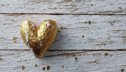 Single golden heart decoration rests upon weathered white wooden planks with scattered flecks
