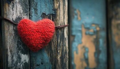 Bright red knitted heart adorns weathered wooden planks tied with string