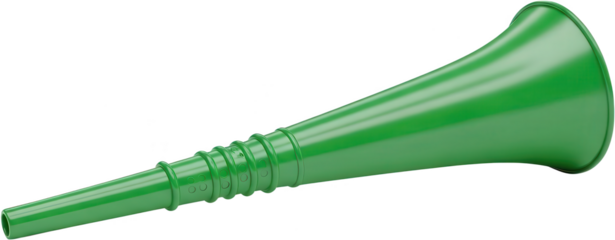 Shiny green plastic vuvuzela horn with ridged detailing shown diagonally suggesting a celebratory noisemaker object sport celebration party event sound trumpet musical transparent background