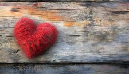 Fluffy red yarn heart rests upon weathered wooden surface