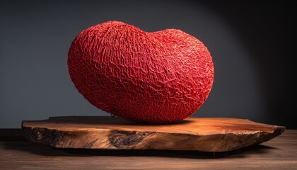 Textured crimson heart sculpture rests upon a natural wood slab presentation surface