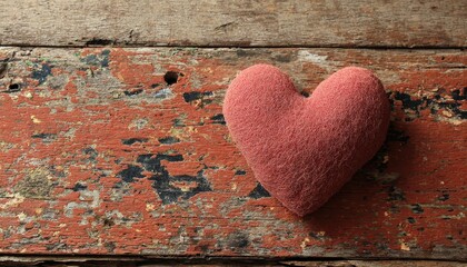 Plush, reddish heart shape rests upon richly textured, weathered wooden surface