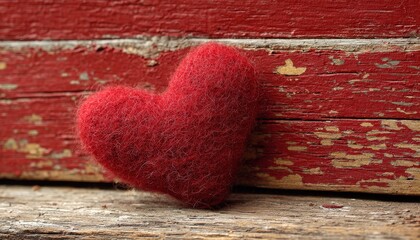 Deep red fibrous heart rests against weathered wooden planks painted crimson