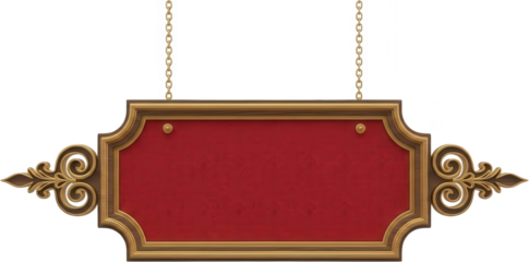 Ornate hanging wooden sign with rich red damask panel and decorative gold scrollwork flourishes suspended by chains plaque antique vintage frame banner luxurious transparent background