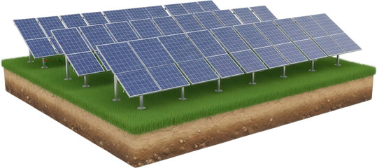 Multiple blue photovoltaic solar panels mounted on metal supports above a detailed cross section of green grass and brown soil renewable energy power station green energy transparent background