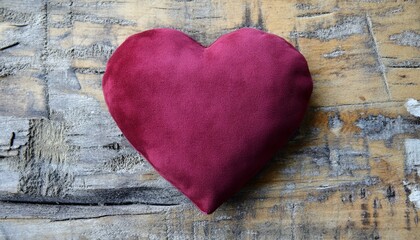 Deep red heart shaped cushion rests upon distressed wooden surface