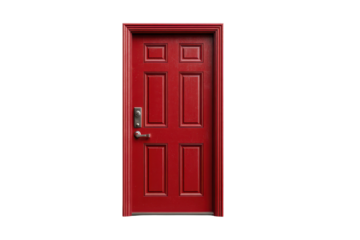Red six panel exterior door with silver knob and lock on black background image