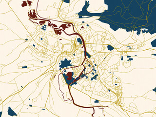 Decorative abstract map of Verdun, France, featuring minimal ivory map base with golden roads and dark red water bodies in a modern flat style