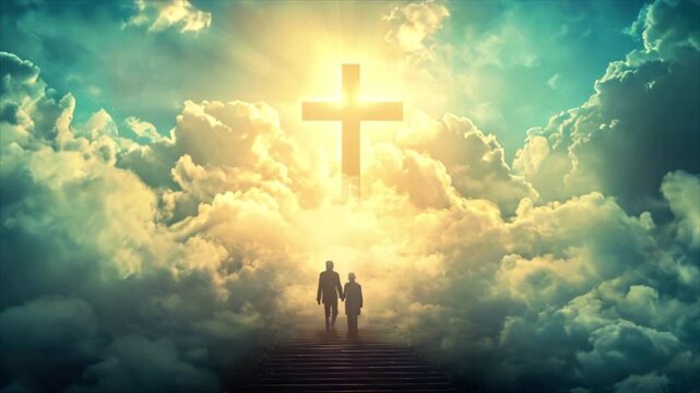 Old couple walking up the stairs among clouds in the sky to the shining cross symbolizing heaven or Christian paradise. Life end and time passing concept