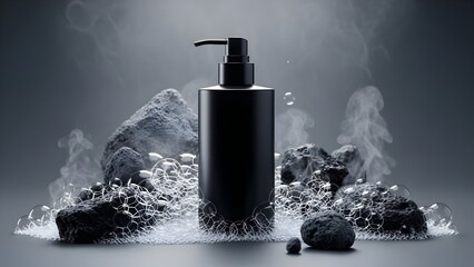 Men's grooming face moisturizer black tube concrete charcoal water splash gray steel gradient modern skincare no text"