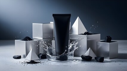 Men's grooming face moisturizer black tube concrete charcoal water splash gray steel gradient modern skincare no text"