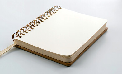Blank spiral notebook with empty pages on white background, minimal stationery mockup for notes, planning and creative writing