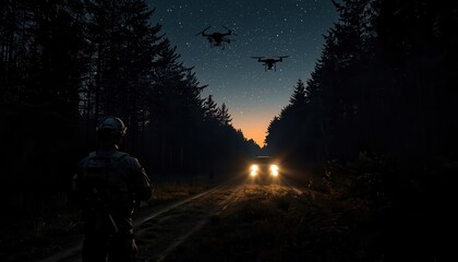 Nightwatch Drone Surveillance: A lone figure, silhouetted against a dark, star-speckled sky, oversees the flight of surveillance drones above a roadway.
