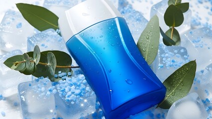 Men's grooming aftershave blue bottle ice cubes menthol eucalyptus electric blue gradient athletic fresh no text no logo