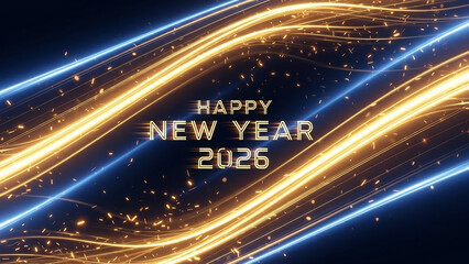 A digital illustration with Happy New Year 2026 written in gold text on a dark background with glowing blue and gold lines