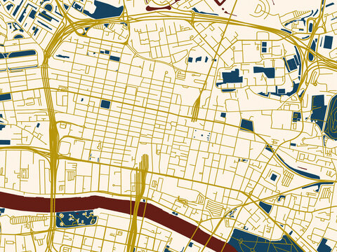 Modern graphic street map of Glasgow Center, United Kingdom, with rich red water shapes with ivory land and golden street network accents