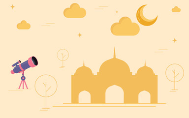 Ramadan Kareem Celebration  Mosque and Telescope Flat Design