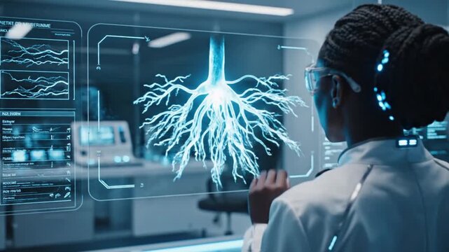 Female Scientist Interacting with Futuristic Holographic Display of Human Lungs in Modern Laboratory.