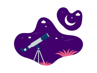 Telescope Stargazing Night Sky  Flat Vector Illustration