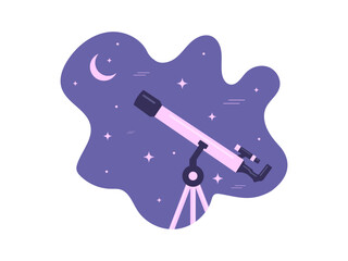 Telescope Observing Night Sky  Astronomy Flat Illustration