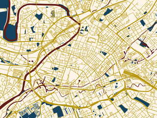 Minimalist map of Manchester Center, United Kingdom, dark red water and warm gold roads