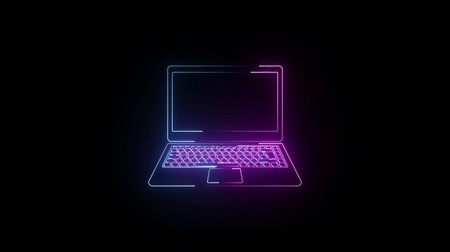 Neon laptop line icon. Glowing neon line Computer network icon glowing logotype animation. icon of an open neon glowing laptop on black background. Computer notebook with empty screen sign 4k video.