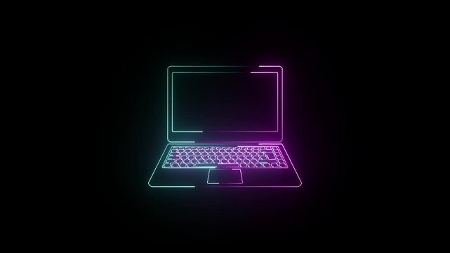 Neon laptop line icon. Glowing neon line Computer network icon glowing logotype animation. icon of an open neon glowing laptop on black background. Computer notebook with empty screen sign 4k video.