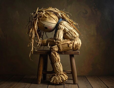 A straw figure, slumped on a wooden stool, embodies dejection. Its head is bowed, evoking melancholy. The backdrop is muted