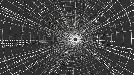 Obraz premium Futuristic grid tunnel with radial lines and dots converging at the center, showcasing a technological abstraction from a forward viewpoint