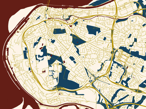 Modern graphic street map of Runcorn, United Kingdom, with cream-toned city field with gold linework streets and deep red waterways for strong contrast