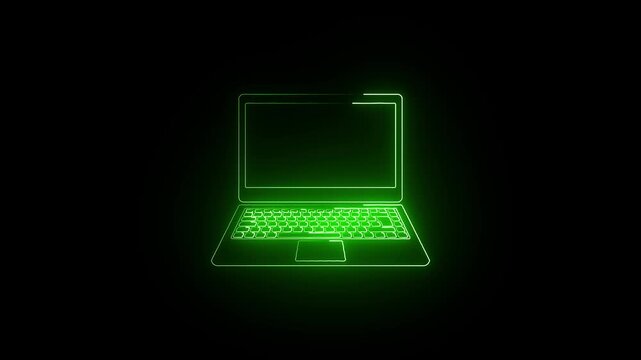 Neon laptop line icon. Glowing neon line Computer network icon glowing logotype animation. icon of an open neon glowing laptop on black background. Computer notebook with empty screen sign 4k video.
