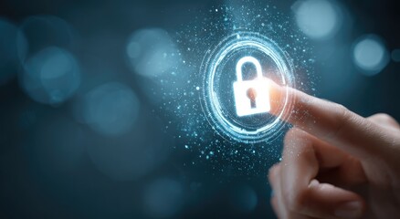 Glowing padlock symbol activated with a fingertip on blurred blue background