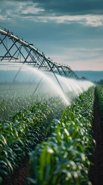Automated pivot irrigation system spraying water over lush green crops under overcast sky, nurturing growth
