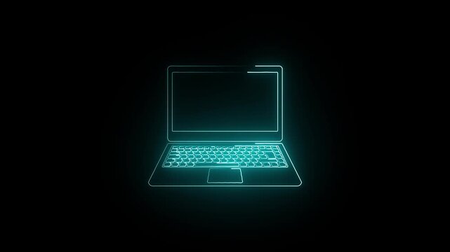 Neon laptop line icon. Glowing neon line Computer network icon glowing logotype animation. icon of an open neon glowing laptop on black background. Computer notebook with empty screen sign 4k video.