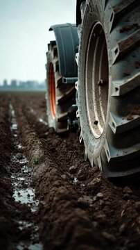 Foreground focus on a heavy tractor wheel caked in mud, traversing a wet, dark plowed field