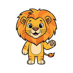 Obraz premium Friendly cartoon lion with big smile and waving paw on black background