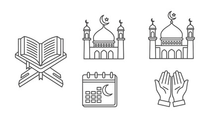 Fototapeta premium Islamic Cultural Symbols Including Holy Book Mosques Calendar And Prayer Hands In Clean Line Art Style