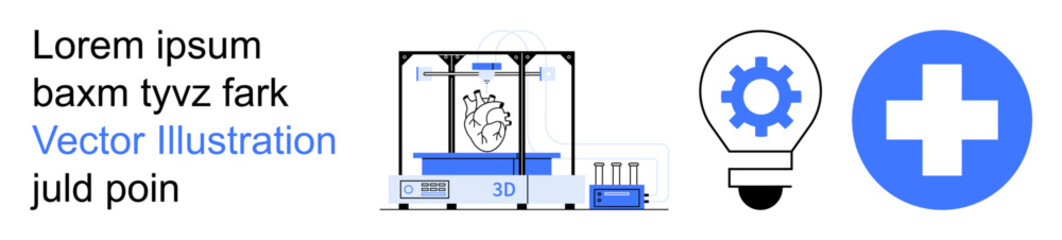 Obraz premium Technological innovation, healthcare solutions, 3D printing, medical advancements, creative ideas, modern science. Illustration includes 3D printer, lightbulb with gear and medical cross. 3D