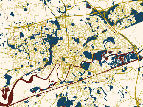 Minimalist map of Warrington, United Kingdom, midnight red and gold palette
