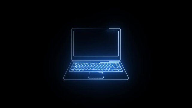 Neon laptop line icon. Glowing neon line Computer network icon glowing logotype animation. icon of an open neon glowing laptop on black background. Computer notebook with empty screen sign 4k video.