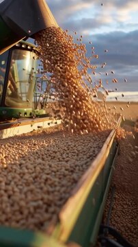 Harvester pours golden grains into a trailer at sunset, showing bountiful agriculture